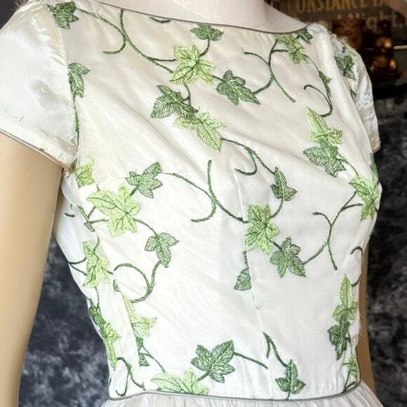 Vintage 1950s Emma Domb White Chiffon Tulle Cupcake Prom Dress Green Embroidery - Picture 5 of 16